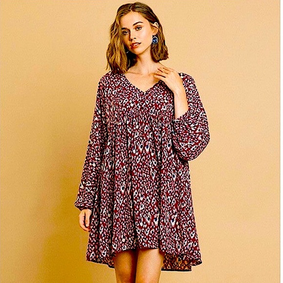 Umgee Dresses & Skirts - Umgee Wine Animal Print Long Puff Sleeve V-Neck Babydoll Dress
